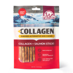 Wild Eats Collagen Sticks Real Salmon 25ct packaging shows transparent labeling.