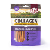 Wild Eats Duck Collagen Sticks product shot highlighting long-lasting, grain-free protein chew.