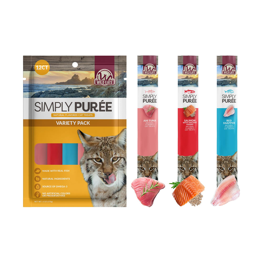 Wild Eats lickable cat treats exotic fish variety pack Ahi Tuna—protein-rich option for selective cats.