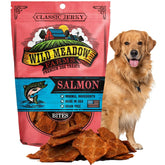 Wild Meadow Farms Salmon Bites packaging highlights grain-free all-natural treats