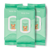 Wild One eucalyptus dog wipes pack—resealable lid keeps wipes fresh for on-the-go cleanups.