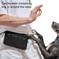 Wild One Treat Pouch with built-in poop bag dispenser on walks.