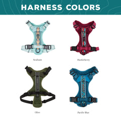 Wilderdog lightweight harness olive back view showing reflective stripes for visibility