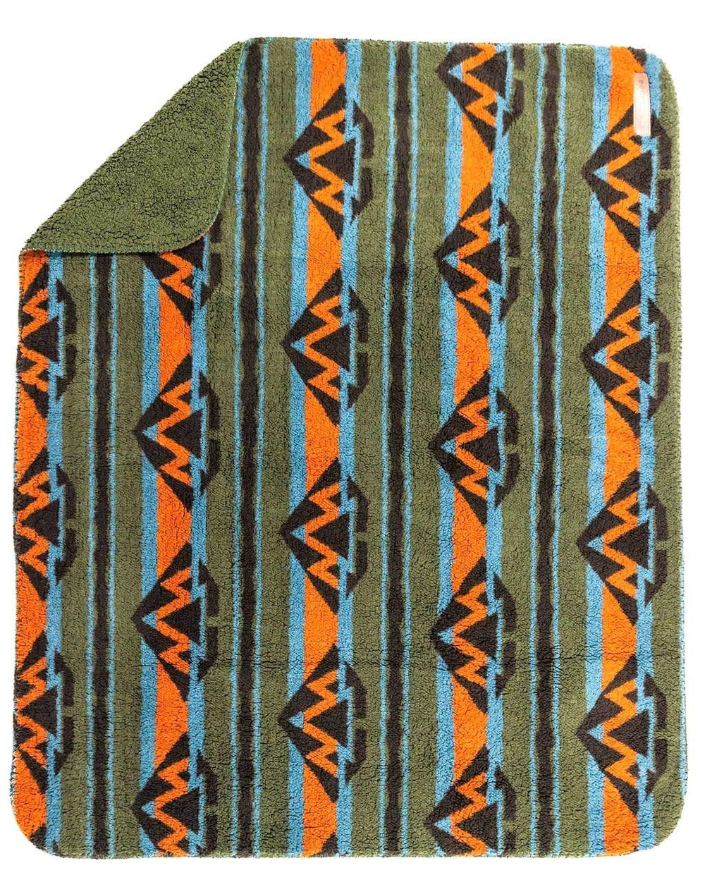 Wilderdog olive sherpa fleece blanket folded for couch protection.