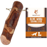 Wildfang olive wood chewing stick for large dogs; close-up shows sturdy texture for aggressive chewers.