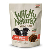 Wildly Natural Whole Jerky Alaskan Salmon bag showcases USA-made, grain-free dog treats.