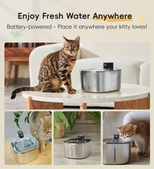 WILKIEE cat water fountain battery compartment, showcasing wireless placement flexibility.