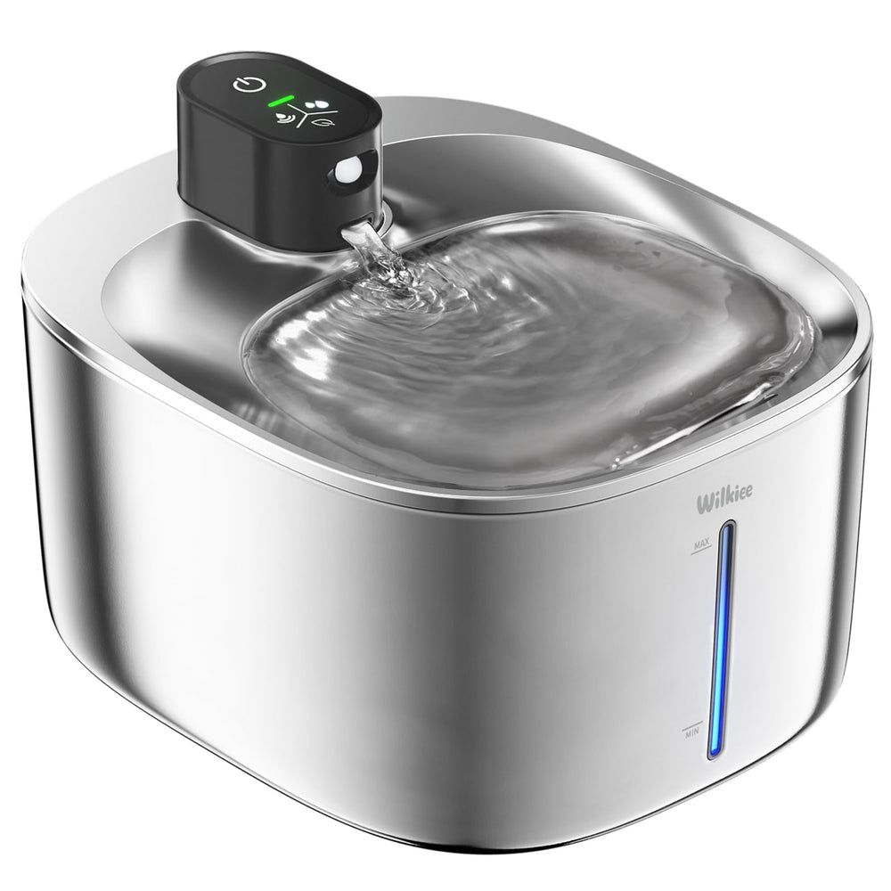 WILKIEE cat water fountain stainless steel front view, cordless hydration for indoors.