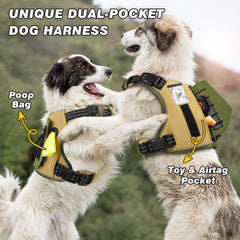 WINGOIN harness khaki with pockets closeup shows convenient storage for bags and treats.