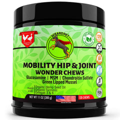 WizardPet Advanced Hip Joint Chews bottle shows mobility support for dogs