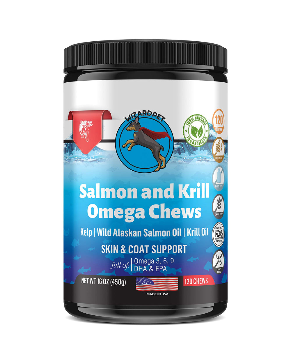 WizardPet Wild Alaskan Salmon Krill Oil Chews packshot showing omega-rich formula for healthy coats
