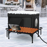 Wn's Day heated outdoor cat house front view demonstrates weatherproof shell keeping cats dry outdoors