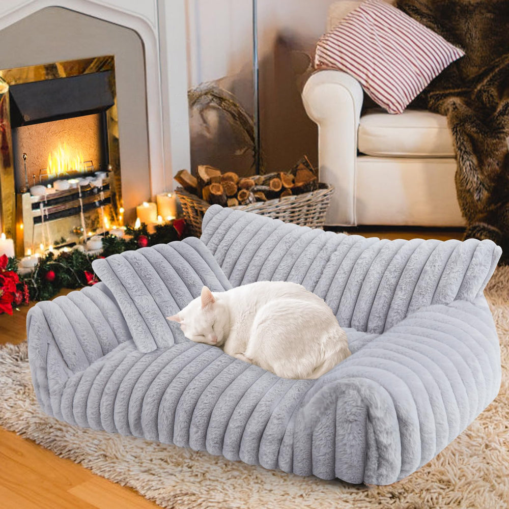 Wn's Day cute cat couch bed grey front view highlights warm, cozy nap-ready design.