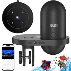 Wolmds Automatic Fish Feeder front view shows compact placement for reliable feeding.