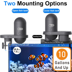 Wolmds Automatic Fish Feeder side panel close-up reveals moisture-proof seal.