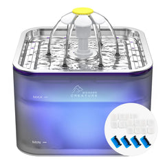 Wonder Creature Crystal Cat Water Fountain with stainless-steel lid offers hygienic, durable hydration.