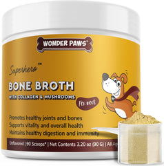 Wonder Paws bone broth powder sprinkled on dog food for a tasty topper