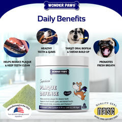 Wonder Paws Dental Powder close-up on teeth highlights plaque-fighting benefits