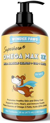 Wonder Paws fish oil bottle pour demonstrates easy dosing for supporting a healthy coat