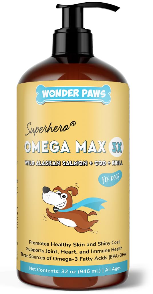 Wonder Paws Fish Oil bottle highlights omega-rich formula for dogs' skin and coat support