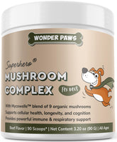 Wonder Paws Immune Mushroom Powder jar highlights premium blend for daily dog immunity support