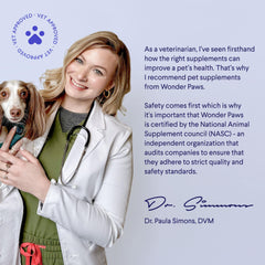 Wonder Paws label closeup highlights key ingredients for joint care.