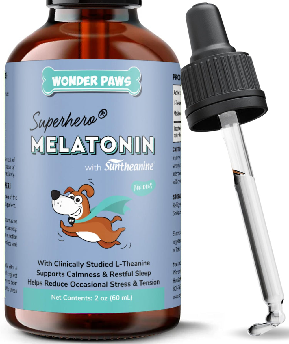 Wonder Paws Melatonin for Dogs bottle with dropper provides easy calming support.