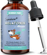 Wonder Paws Melatonin for Dogs bottle with dropper provides easy calming support.