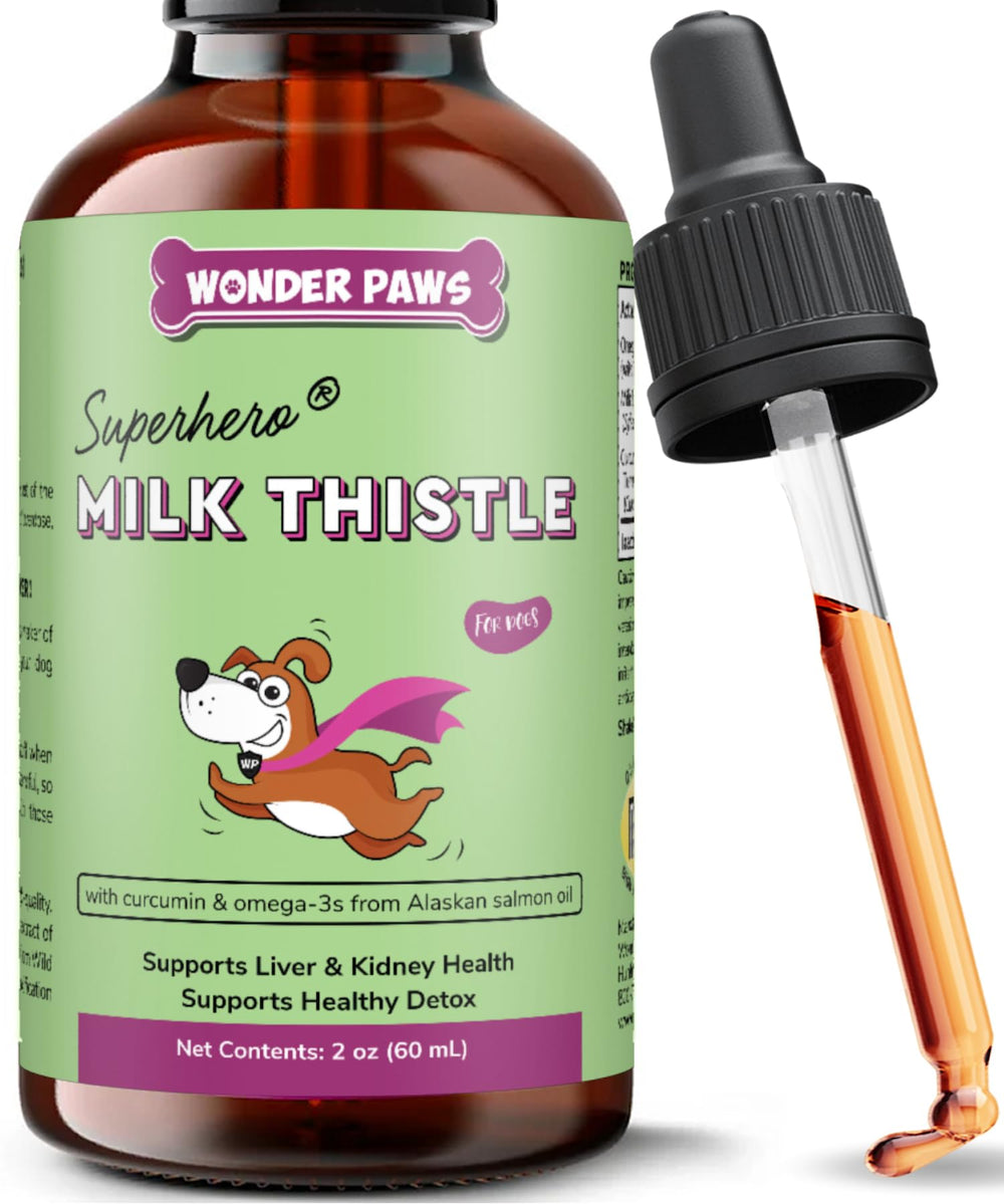 Wonder Paws Milk Thistle bottle pour for dogs shows easy daily dosing