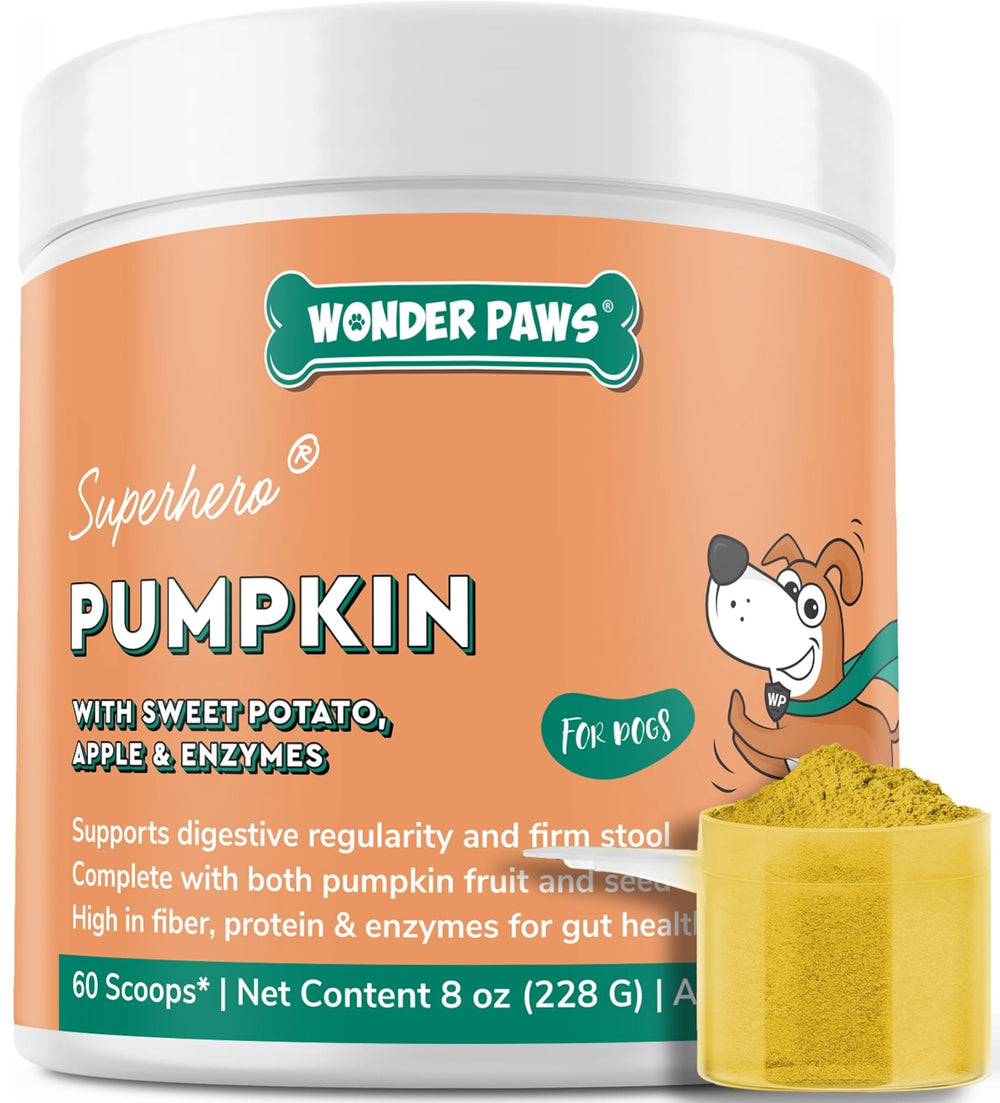 Wonder Paws organic pumpkin powder container for dogs promoting digestion support.