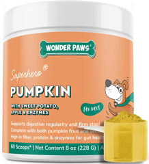 Wonder Paws organic pumpkin powder container for dogs promoting digestion support.