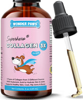 Wonder Paws premium collagen for dogs bottle highlighting daily joint support and healthy coat.
