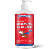 Wonder Paws premium salmon oil bottle pump demonstrates easy daily dosing for healthier skin and coat.