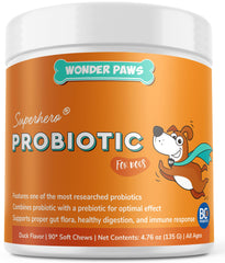 Wonder Paws Probiotics duck-flavored-chews aiding digestion for dogs.