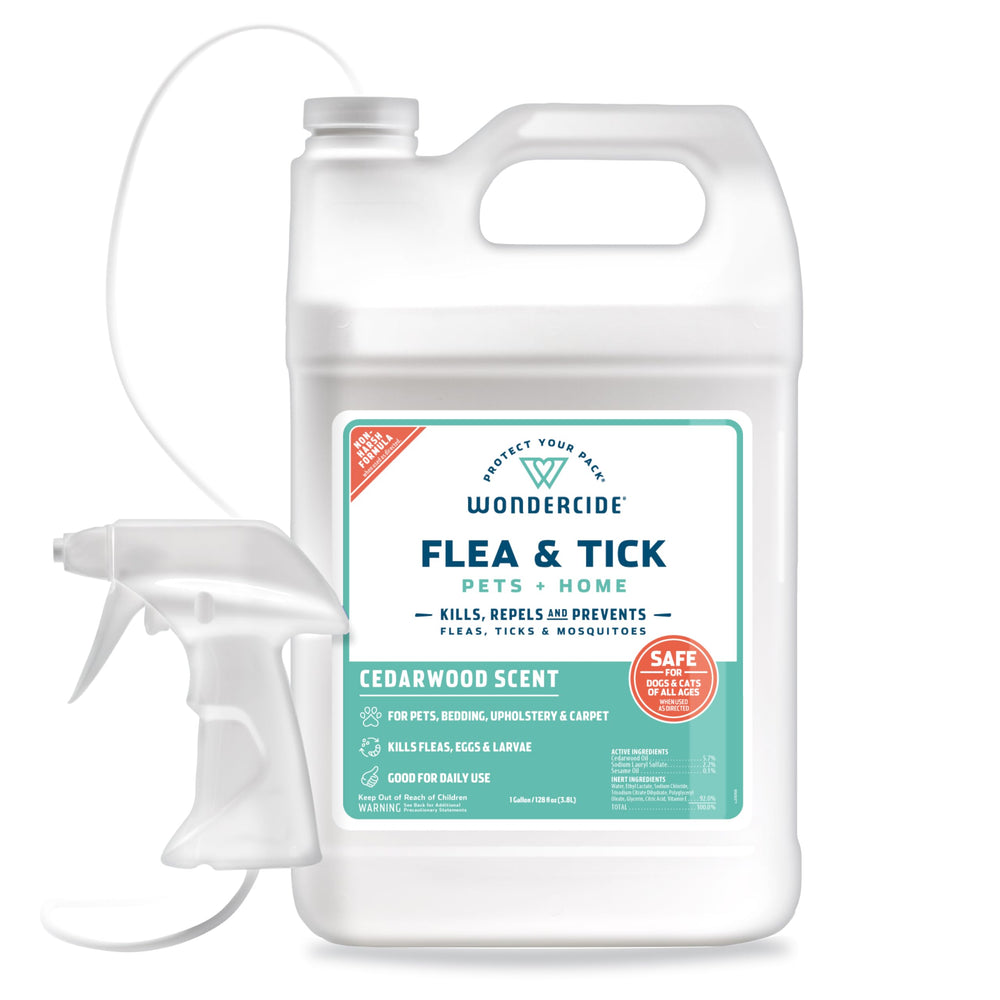 Wondercide cedarwood spray bottle showing plant-based protection for pets