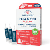 Wondercide cat spot-on tubes in use showing flea and tick protection on a cat.