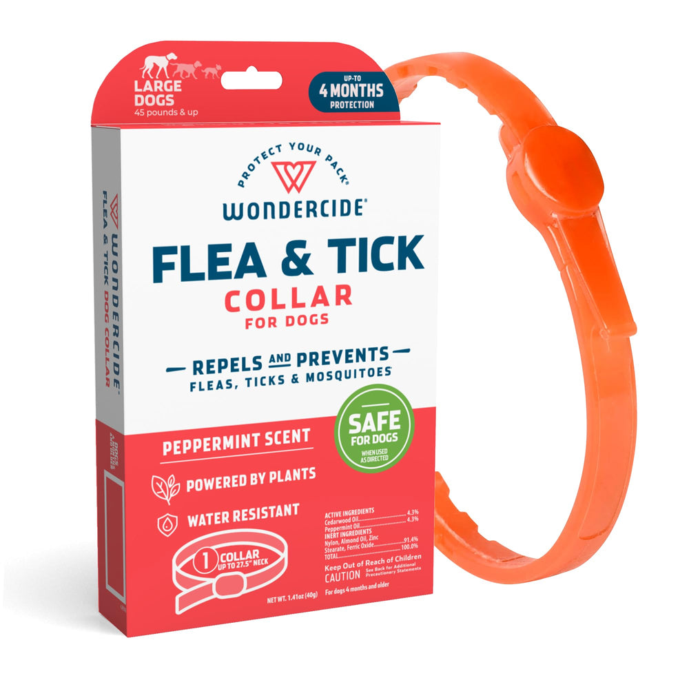Wondercide dog collar large packaging highlights plant-based flea and tick protection.