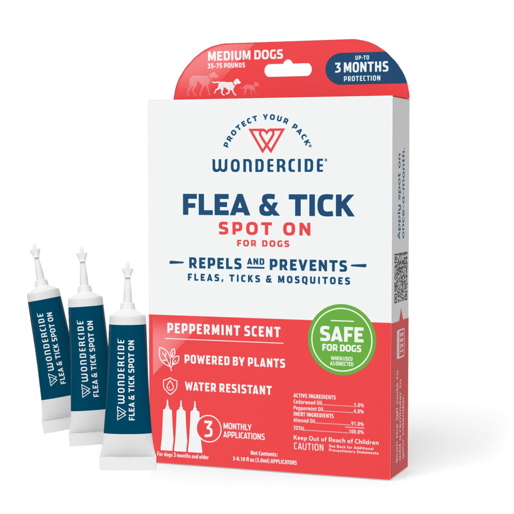 Wondercide dog spot-on tubes packaging shows three-tube bundle for months of natural protection