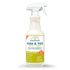 Wondercide flea tick spray bottle on dogs and cats for safe home pest control.
