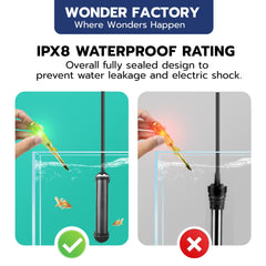Wonderfactory 75W heater positioned for easy placement in a 5–15 gallon tank
