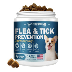 WONTECHMI flea and tick prevention bottle—180 chicken-flavored chews for daily protection against pests.
