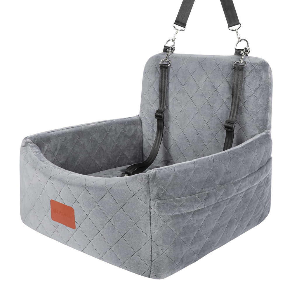 Wooaidagg dog car seat grey front view with memory foam cushion for comfort.