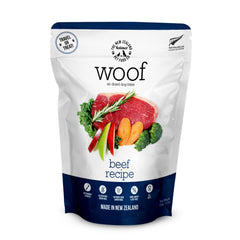 Woof air-dried beef dog food 3.5oz pack offers convenient, flavorful nutrition.
