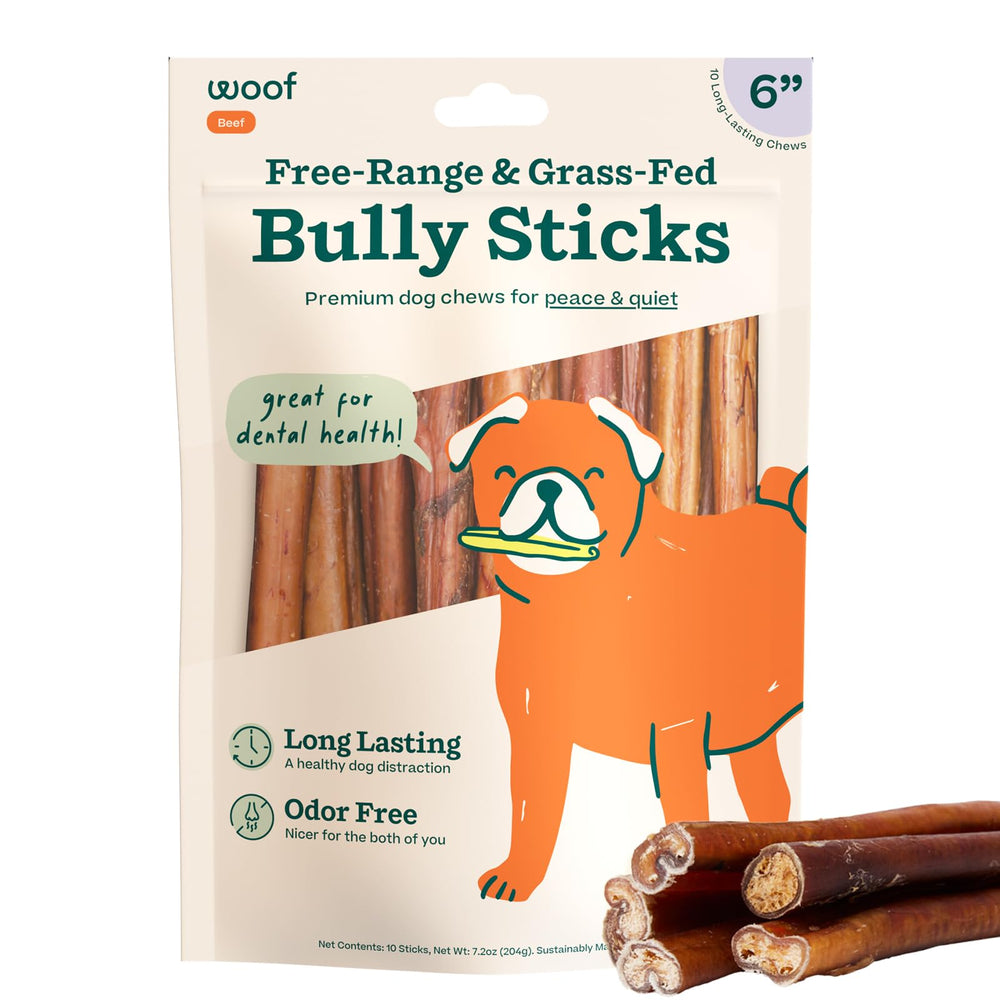 WOOF Bully Sticks close-up of a 6-inch chew highlighting long-lasting entertainment.