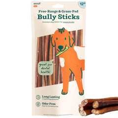WOOF Bully Sticks dog treat pack showcases premium packaging for long-lasting chewing.