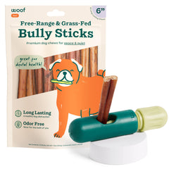 WOOF BullySafe holder securely grips a bully stick for safer chew sessions.