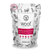 WOOF freeze-dried lamb green tripe treats packaging highlights NZ-made, small-batch production.