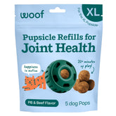 WOOF Hip and Joint Pupsicle Pops closeup shows joint-support treat for dogs.