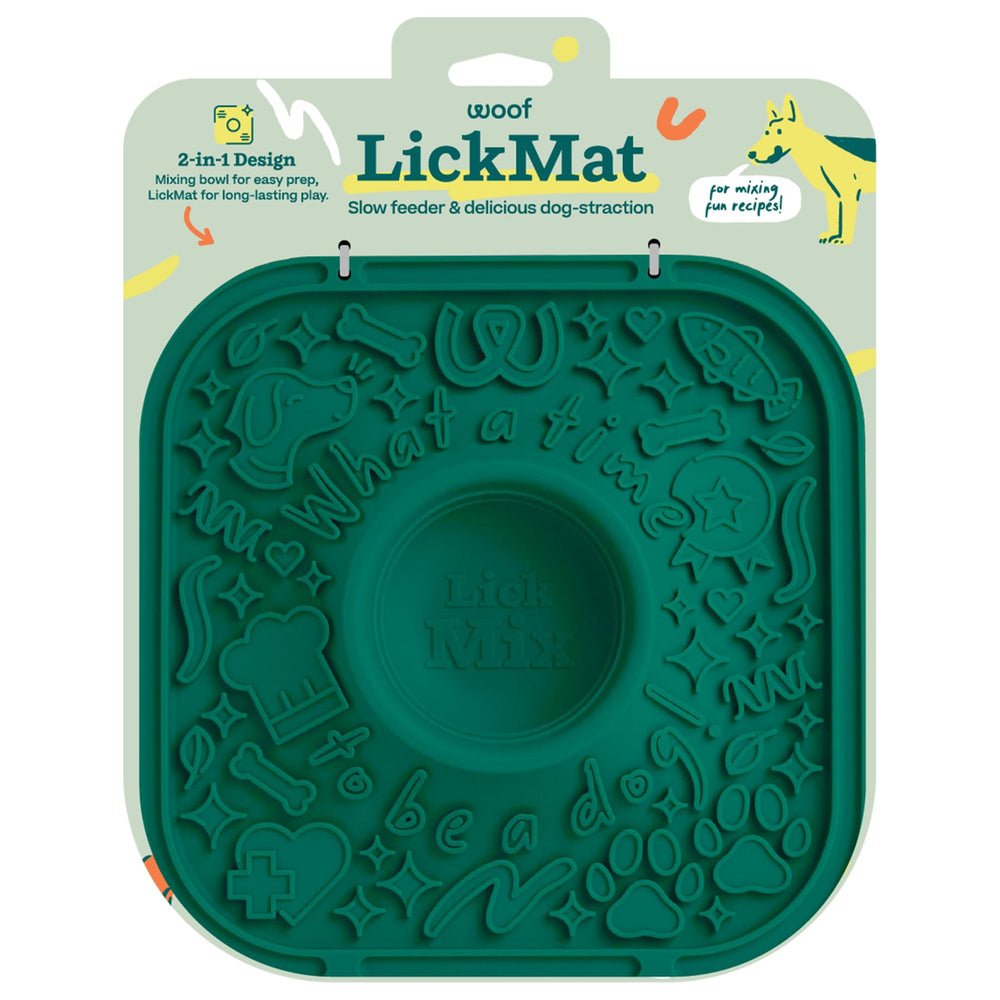 WOOF LickMat green closeup demonstrates BPA-free silicone for safe, mess-free enrichment