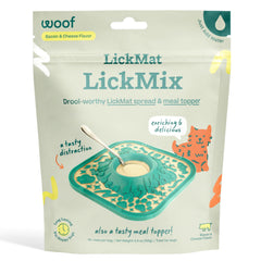 WOOF LickMixes bacon cheese spread ready on the lick mat for enrichment.